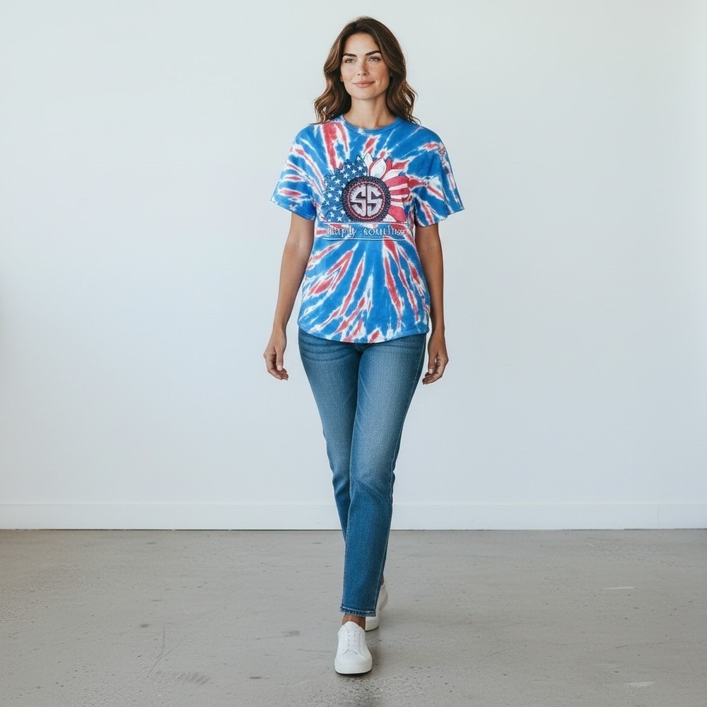 Simply Southern Women's L Tie-Dye Patriotic Dog Sun Glasses Sunflower Cotton Tee